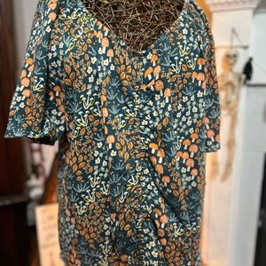 Blue Top with Floral and Mushroom Print